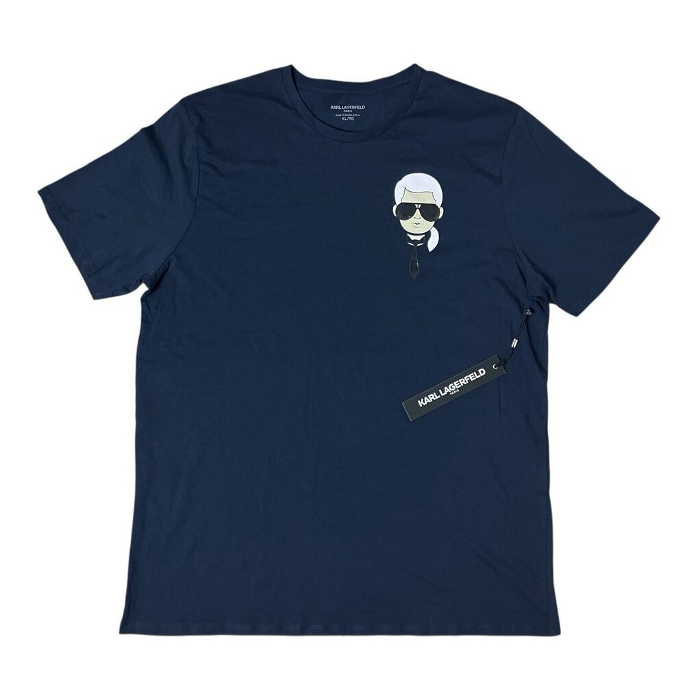 Karl Lagerfeld Mens XL Head Graphic Tee Navy Blue Logo Casual Designer T Shirt